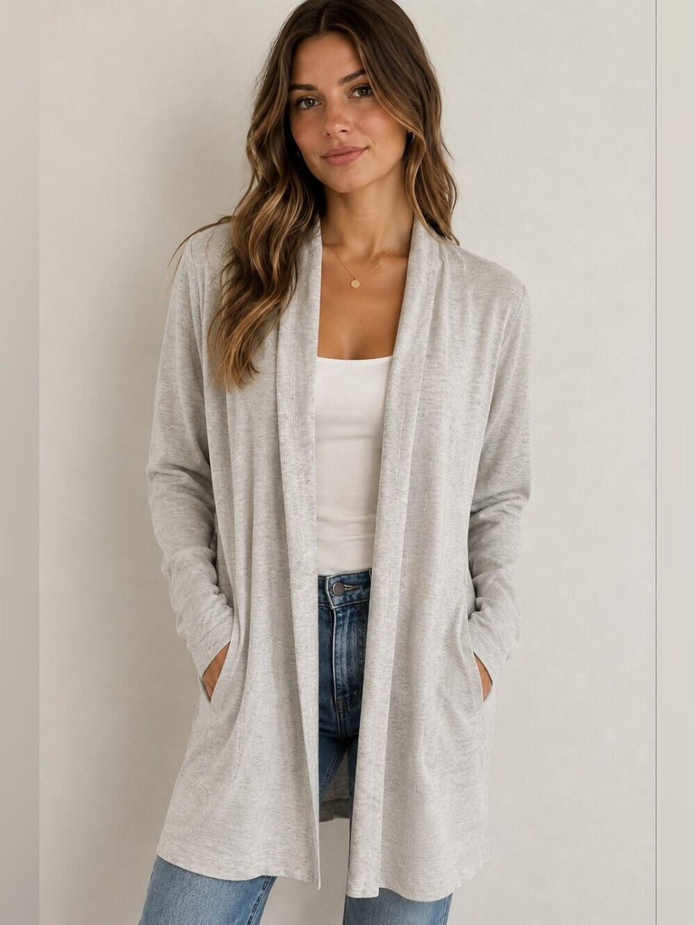 Thread & Supply Ribbed Open-Front Duster Cardigan Heather Gray